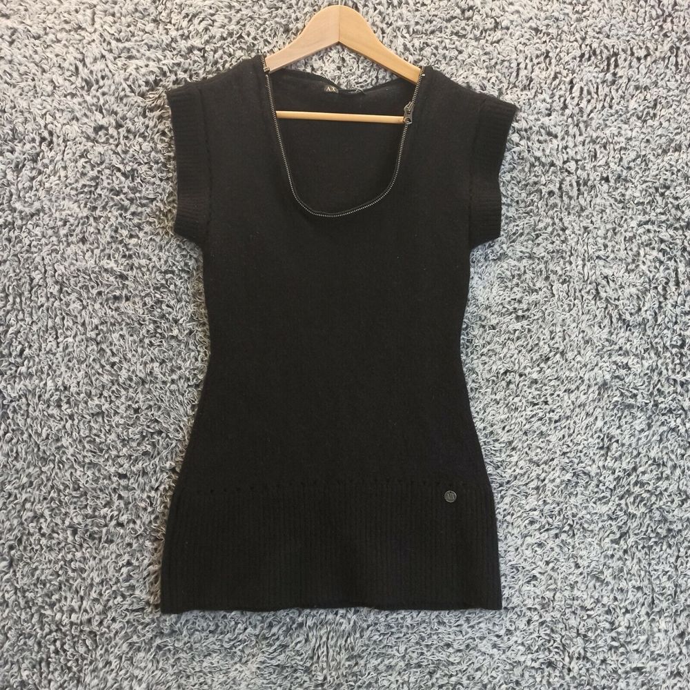 AXArmani Exchange Women Sweater Small Petite Black Pullover Knit Round Zip Neck